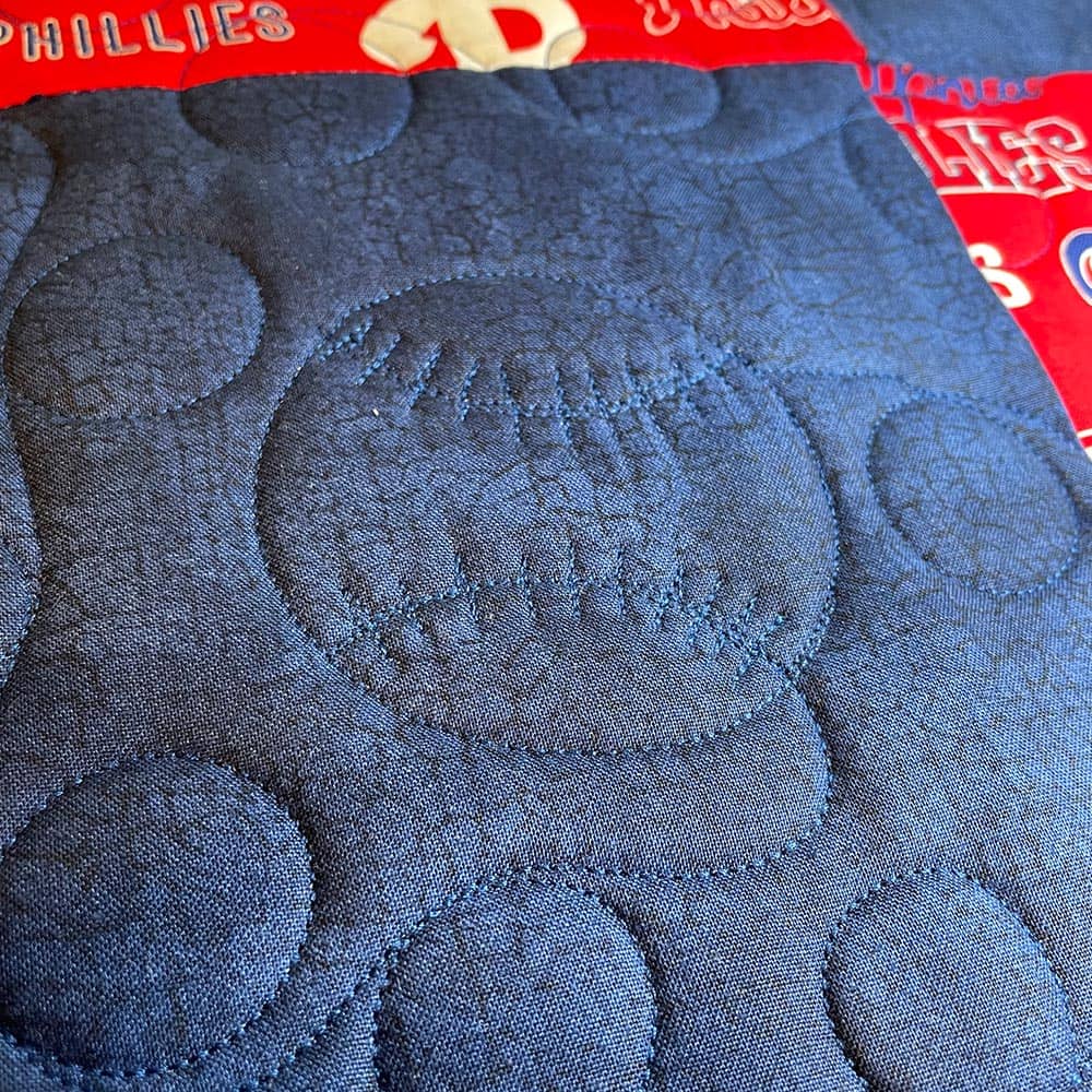 Quilted baseball design on Phillies quilt